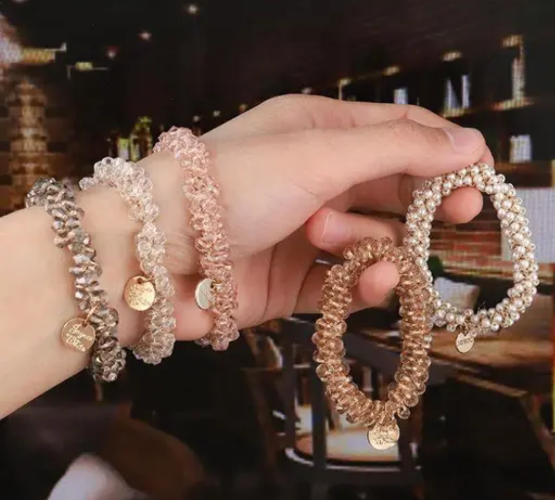 3 pcs crystal stone pearl bracelet cum hair ties for girls and women